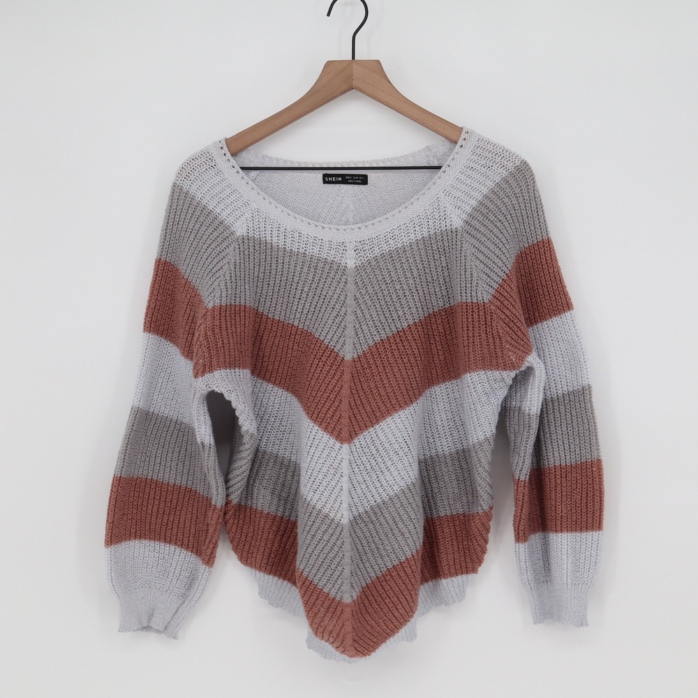 SHEIN Sweater Womens XL Chevron Striped Grey Terracotta Pointed Hem Excellent